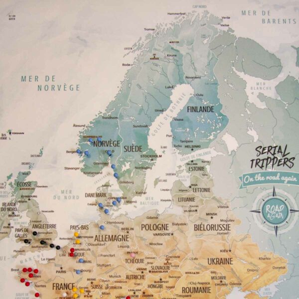 Carte d'Europe version claire à épingler Serial Trippers de Road Again