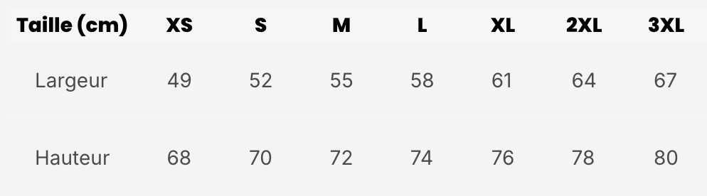 Guide de taille du sweat à capuche zippé unisexe XS au 3XL