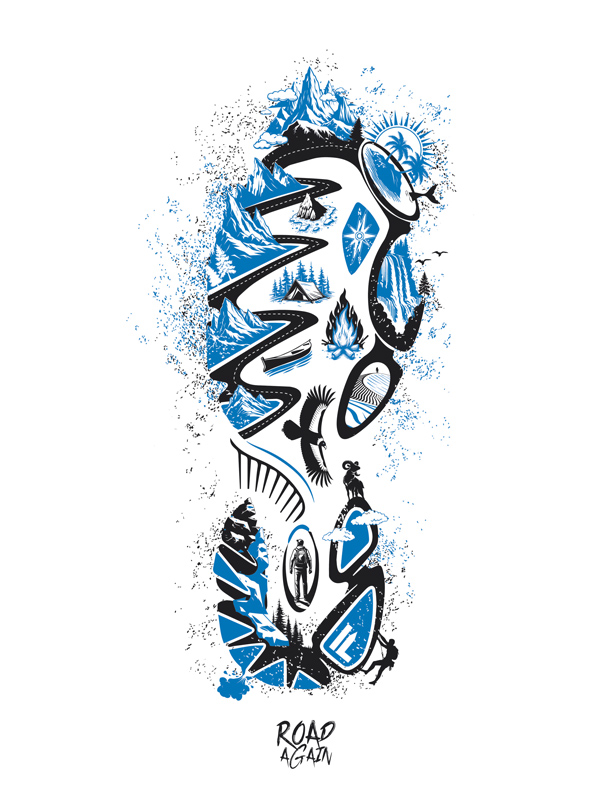 Illustration de la collection randonnée de Road Again, version bleue sur fond blanc