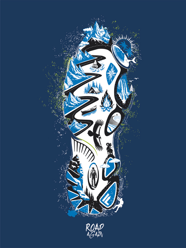 Illustration de la collection randonnée de Road Again, version bleue sur fond bleu marine