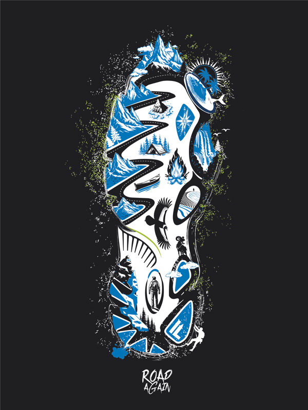 Illustration de la collection randonnée de Road Again, version bleue sur fond noir